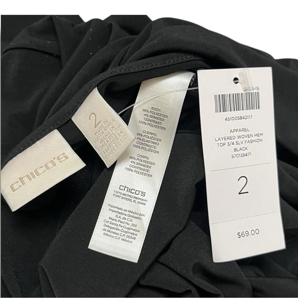 Chico’s black layered woven hem top with 3/4 NWT size M / 12 / 2 - Picture 6 of 7